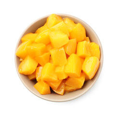 Pickled peaches in bowl isolated on white, top view