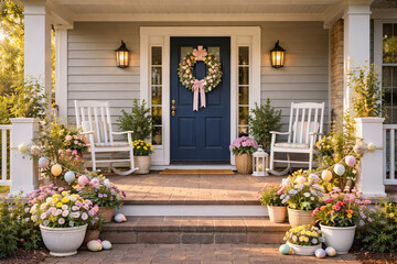 Fototapeta premium Beautifully decorated house porch with wreath, flowers and pastel Easter eggs, welcoming spring holiday atmosphere.