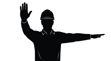 A construction worker wearing a hard hat raises a hand and points depicted as a striking silhouette high quality © ArtBySalea07