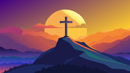 A majestic cross stands tall on a mountain peak during a breathtaking sunset over the sea Vector © Rana Islam