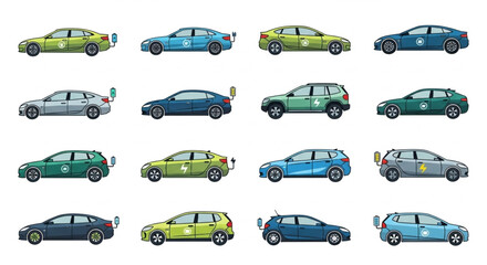 Collection of Modern Cars Side View Isolated on White Background.