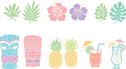 Tropical Summer Icons Set with Tiki Masks, Palm Leaves, Hibiscus Flowers, Pineapple and Cocktail Drinks – Colorful Beach Vector Collection © graphophonic