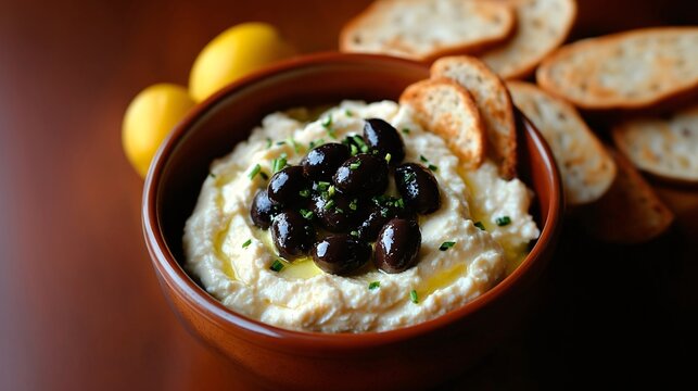 Hummus with black olives and olive oil and bread crumbs in a bowl
