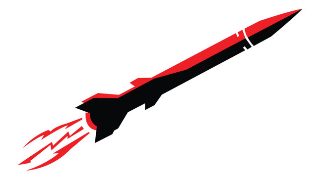 Bold graphic of a powerful missile launching with fiery red propulsion, symbolizing rapid technological progress