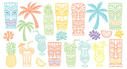 Colorful Tropical Tiki Icon Set with Palm Trees, Pineapple and Summer Cocktails &ndash; Retro Beach Vector Collection