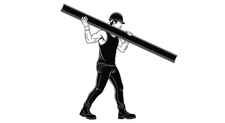 A muscular construction worker carrying a long metal pipe on his shoulder depicted in a striking silhouette high quality © ArtBySalea07