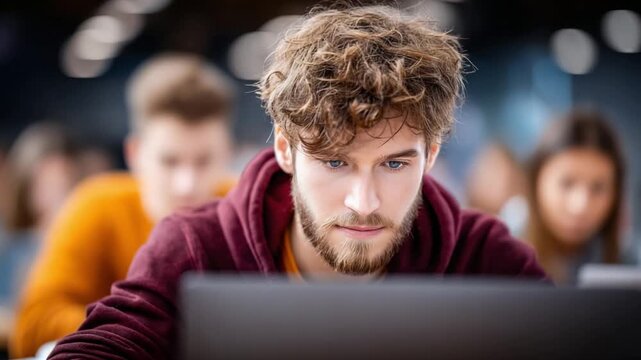 Focused Study: A young male student engrossed in studying, meticulously navigating his laptop while surrounded by peers in a vibrant academic setting. 