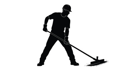 A striking black silhouette depicts a worker using a push broom illustrating manual labor and cleanliness silhouette high quality © ArtBySalea07