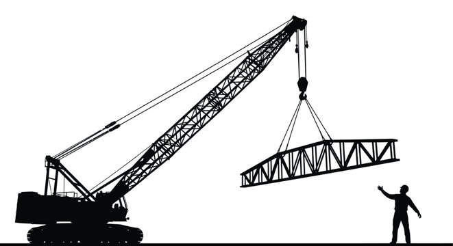 A dramatic black silhouette showcases a large crane lifting a steel girder with a worker observing silhouette high quality