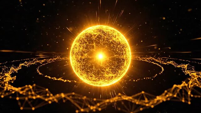 Glowing celestial orb with orbiting energy rings and particles in dark space