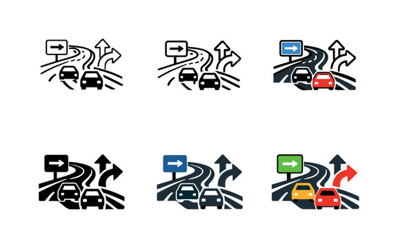 Road travel icon showing stylized highways, cars, road signs, and directional arrows representing long-distance travel, commuting