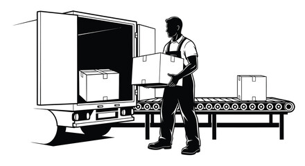 A worker stands near a delivery truck with cardboard boxes unloading them onto a conveyor belt silhouette high quality © ArtBySalea07