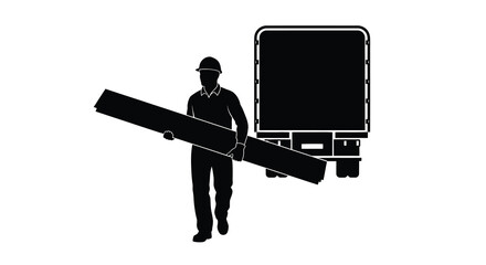 A worker carrying lumber stands before a delivery truck depicted in a striking black silhouette high quality professional detailed © ArtBySalea07