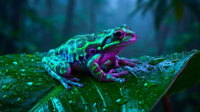 Vibrant Bioluminescent Frog on Wet Leaf