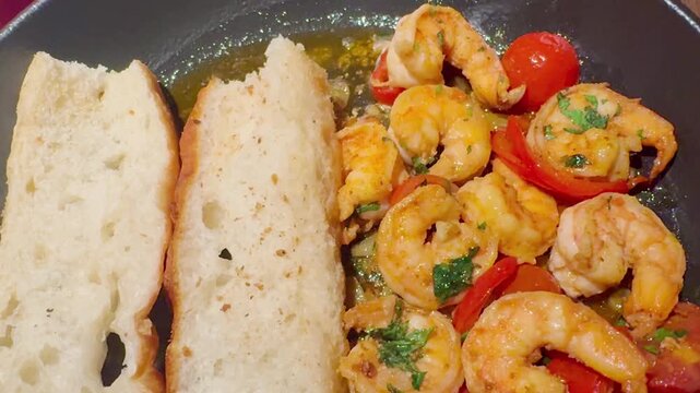 Fresh fried shrimp with crispy toast and tomatoes served on a plate
