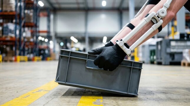worker using robotic exoskeleton lifting box in industrial warehouse environment