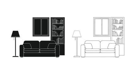 Line art illustration of a living room with furniture and bookshelves © Siam Studio
