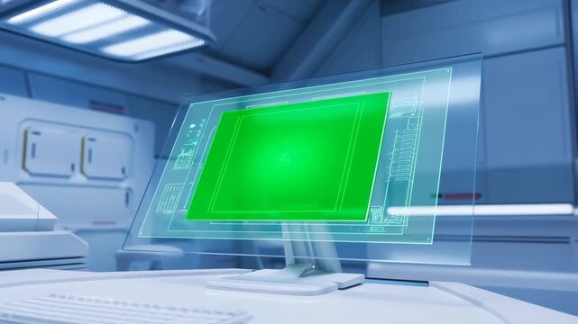 Screen holographic computer with green display and futuristic interface elements on a sleek desk in a clean laboratory environment.