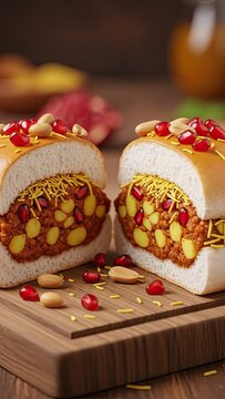 Close-up of Dabeli Cut in Half, Showcasing Filling, Garnished on Wood Board, Traditional Indian Street Food, Culinary, Tasty, Vibrant Colors