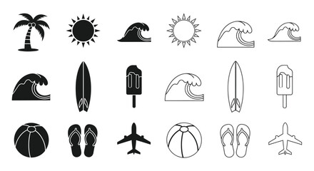 Black and white line art icons depicting summer and beach related objects © Siam Studio