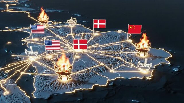 Global geopolitical conflict visualization strategic map with burning flags and national symbols highlighting tensions between u s a denmark china
