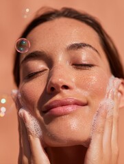 Close up portrait of a smiling young woman with freckles cleansing her face with white soap foam and bubbles against a peach background, showcasing natural skincare, hygiene, morning beauty routine