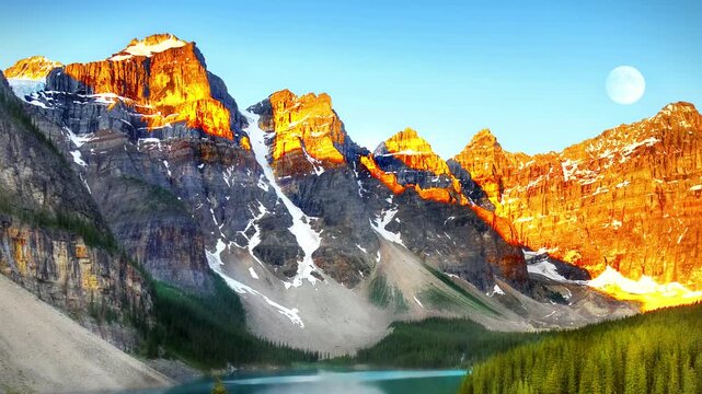 High mountains and moraine lake at sunrise 