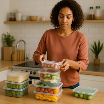 Woman packing leftovers into containers while organizing kitchen vegetables  