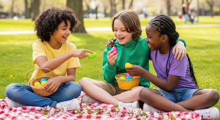Three multicultural children sit on a picnic blanket in the park showing collected Easter eggs. The spring setting feels bright and joyful. Spring Easter