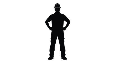 A full body depiction of a construction worker in a hard hat standing confidently with hands on hips silhouette © RMvectors02
