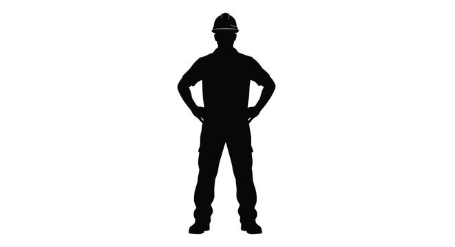 A full body depiction of a construction worker in a hard hat standing confidently with hands on hips silhouette