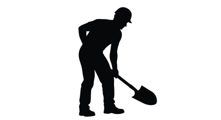A stark black silhouette depicts a worker bending forward gripping a shovel during manual labor silhouette high quality professional © RMvectors02
