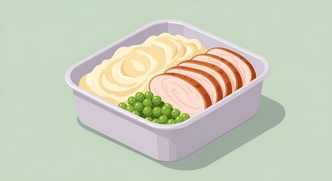 Sliced poultry, mashed potatoes, and green peas in container