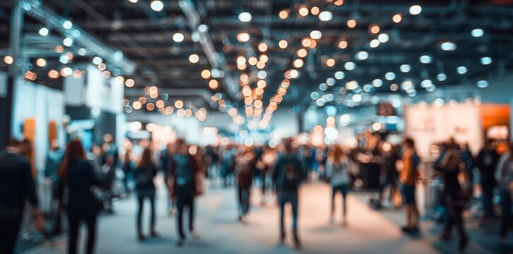 abstract crowd walking in modern convention center hall