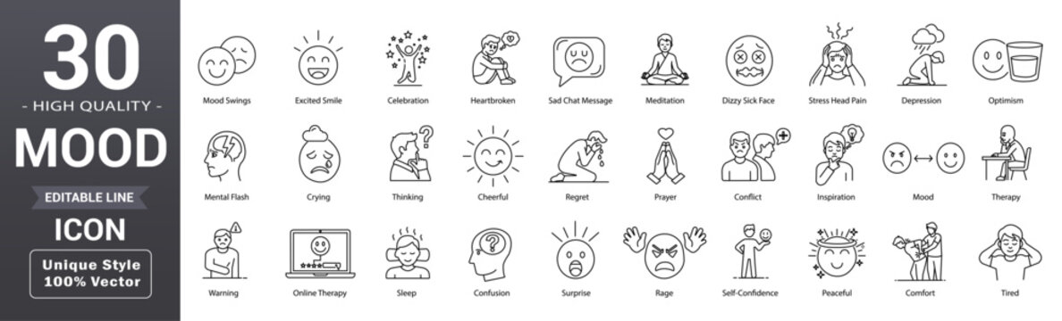 Mood line icon set. Editable outline emotion, happy, sad, angry, tired, mental, feeling and more collection. Vector illustration 