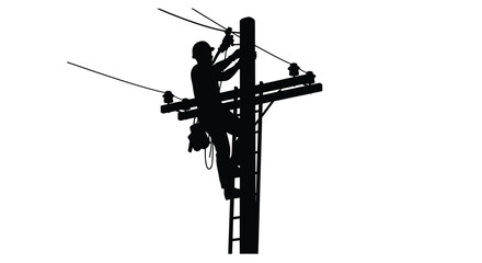 A lineman is shown ascending a utility pole while working on electrical lines depicted as a striking silhouette © RMvectors02