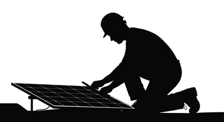 A technician meticulously examines and repairs a solar panel showcasing renewable energy solutions in a striking silhouette high quality © RMvectors02