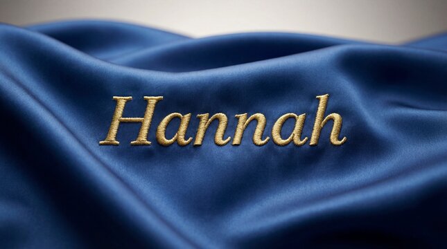 Gold embroidery of the name Hannah on luxurious blue silk, detailed close-up of embroidered letters, wavy fabric surface, luxurious custom name design, panoramic composition.