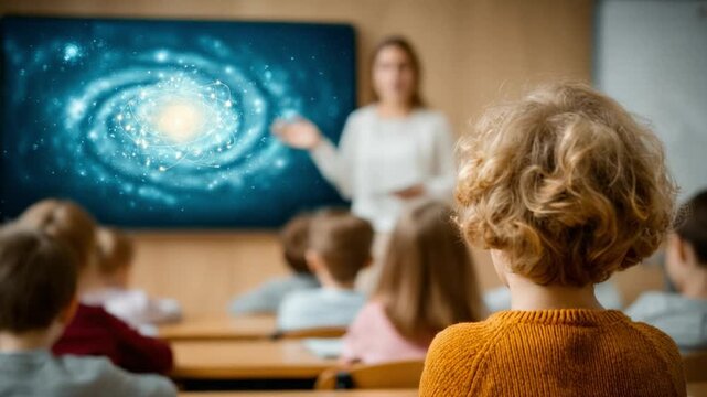 Inspiring Astronomy Lesson: A dedicated teacher leads an engaging lesson on the cosmos, as eager students absorb the mysteries of the universe. The scene is one of exploration, curiosity.