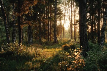 Obraz premium quiet forest clearing bathed in warm sunset light