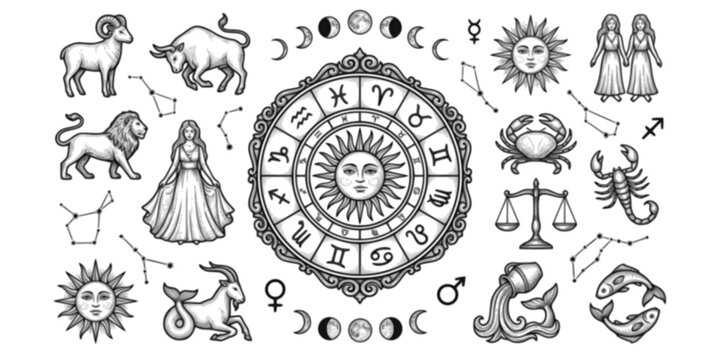 Astrology Zodiac Horoscope Signs Birth Chart Constellation Cosmic Stars Celestial Mystical Vector Icon Set - Aries Taurus Gemini Line Art
