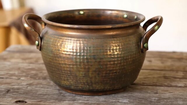 Antique copper pot on rustic wooden table with handles, warm lighting, and blurred background