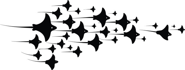 School of manta rays silhouettes swimming, ocean wildlife illustration, marine stingray group movement, underwater sea animal nature concept © Sarjina's World