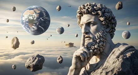 Naklejka premium Ancient Greek statue pondering Earth and space with floating rocks