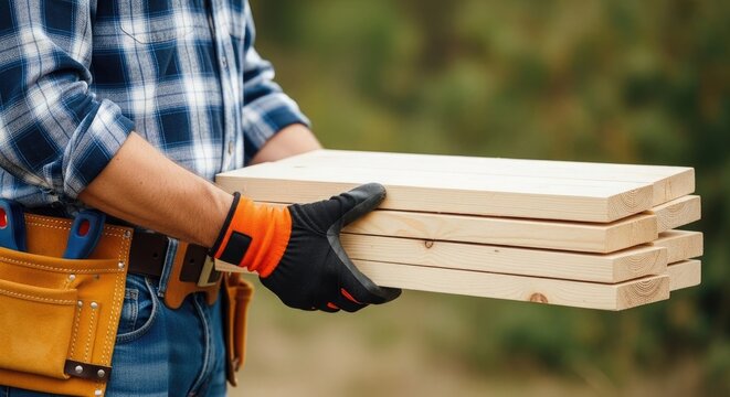A person holding a stack of wooden planks outdoors