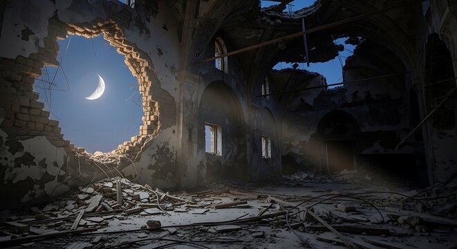 Destroyed ancient building interior with moon in ceiling hole and sun rays streaming in