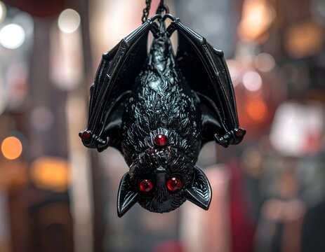 A gothic hanging black bat sculpture with intricately detailed wings and glowing red gem eyes