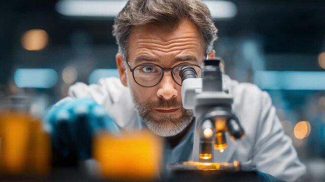 Scientist at Work in the Laboratory: A focused scientist peers intently through a microscope in a modern laboratory, the ambiance resonating with scientific exploration, discovery.
