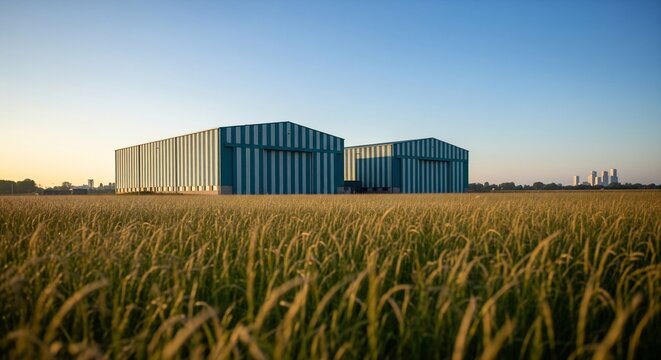 Modern industrial buildings in a serene wheat field at sunset