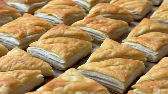 A tempting array of golden-brown puff pastries fresh from the oven, showing delicate, flaky layers and a crispy texture. Perfect for bakery menus, food blogging, or culinary concepts.
